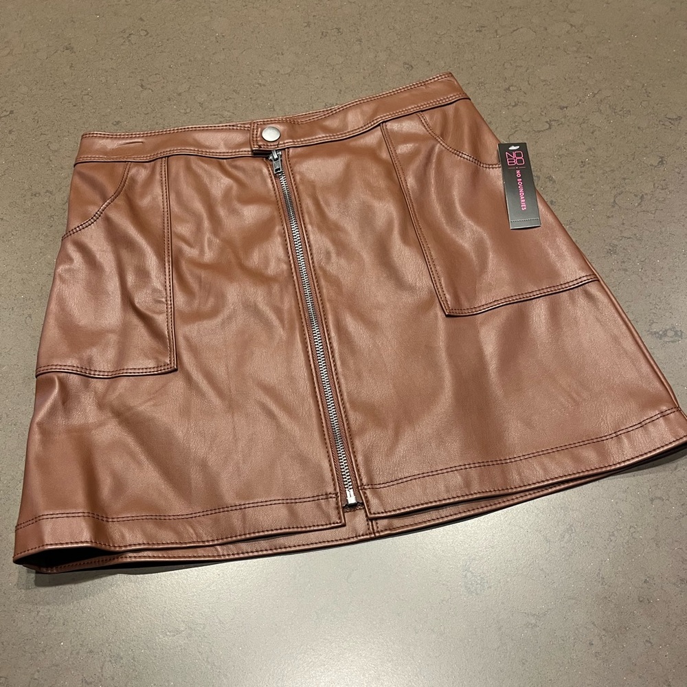 No Boundaries Brown Faux Leather Mini Skirt with Front Zip